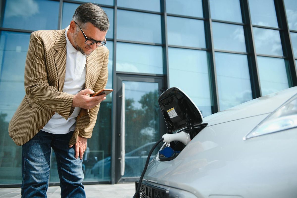 A businessman charges an electric car